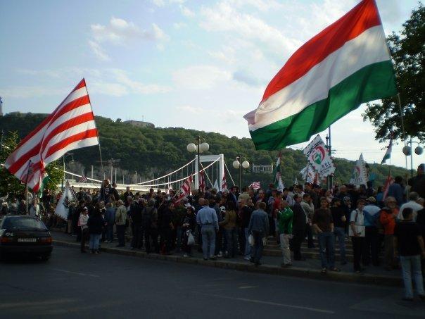 24_jobbik.jpg - Radical right-wing demonstrators, on the eve of the June 7th EP elections in Hungary. They ended up garnering an unexpectedly high 15% of the vote--only two points behind the governing Socialist Party.