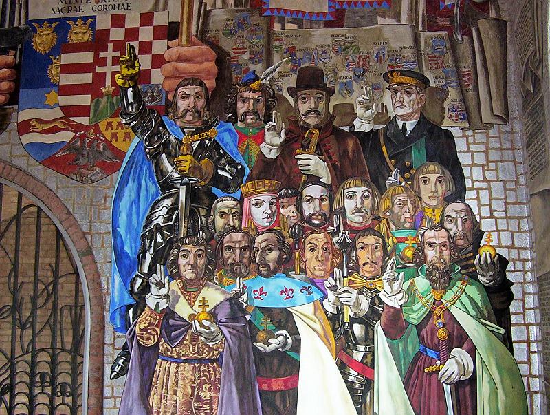 100_2004.jpg - A relatively modern painting on the walls of the memorial garden, depicting Hungary's former rulers. Interestingly--and rather controversially--Miklós Horthy, the country's interwar authoritarian "regent" is included on the top right.